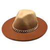 Fedora Mössor Gradient Färg Solid Bälteband Kedja Jazz Caps Wide Brim Casual Formell Kyrka Bröllop Khaki Black Camel Kvinnor Hattar