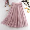 Tulle Skirts Womens Midi Pleated Black Pink Women Spring Summer Korean Elastic High Waist Mesh Tutu 210619