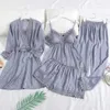 MECHCITIZ Pajamas Satin Women 4PCS Sleep Set Sleepwear Spring Lace Pyjama Sexy V-neck Kimono Bathrobe Gown Nightwear 210622