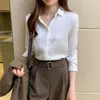 Moda Rayon Saten Ipek Gömlek Vintage Bluz Kadınlar Beyaz Ofis Lady Uzun Kollu Kadın Gevşek Sokak OL Shirt Sonbahar 210604