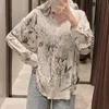 Kobiety Kwiatowy Druk Satynowy Koszula Femme Kołnierz Kołnierz Z Długim Rękawem Bluzka Casual Los Loose Topy Blusas S8069 210225