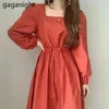 Feste beiläufige lose Frauen-Maxi-Kleid-Puff-lange Hülsen-Spitze-oben-Mode-Kleider weibliche schicke koreanische Vestidos Frühlings-Herbst 210601