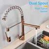 Rozin Led Light Keukenkraan Rose Gold LED Pull Down Lente Keuken Kranen Dubbele Swivel Spout Crane Cold Water Mixer Taps 210724