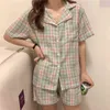 Caiyier Sweet Pyjama Dames Nachtkleding Grid Gedrukt Zomer Korte Mouw Nachtkleding Trendy Leisure Koreaanse Stijl Shorts Homewar Pak