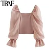 TRAF Women Fashion Patchwork Organza Cropped Knitted Blouses Vintage See Through Sleeve Stretch Female Shirts Chic Tops 210308