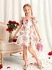 Girls Floral Print Puff Sleeve Organza Dress SHE