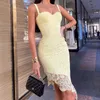 Sexy Lace Hollow Bandage Dress Summer Spaghetti Belt V-neck Sling Mid-length Dress White Yellow Sleeveless Vestidos 210625