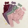 3Pcs Herbst Winter Baby Kleidung Sets 2021 Nette Mädchen Rüschen Rippen Lange Ärmel Romper + Elastische Taille Hosen + stirnband Kleinkind Anzug