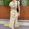 Coréen Chic robe revers multi poche Design robe femme boucle à lacets taille robe à manches courtes avec ceinture Y1204