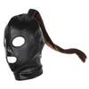 Nxy Sm Bondage Latex Unisex Hood Mask Sexy Pu Leather Masks Men Women Cosplay Flirting Hair Ponytail Chest Belt Headgear Accessory220419