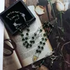 Catholique Vert Cristal Chapelet Collier Pour Hommes Femmes Long Émail Jésus Croix Pendentif Bijoux Religieux