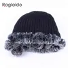 Raglaido Sombreros de invierno para sombrero de piel de niña Real Rex Rabbit Cap Gorro de punto floral con bolas Calaveras Gorros 55-59 cm LQ11280 211119