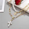 Luxury Design Imitation Pearls Choker Necklace Female Cross Pendant Necklaces for Women Gold Color 2021 Fashion Coin Jewelry