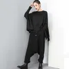 [EAM] Spring Autumn High Elastic Waist Black Button Split Joint Wide Leg Long Loose Pant Trousers Fashion YG2 210915