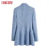 Tangada Women Double Breasted Tweed Blue Blazers Coat Office Lady Long Sleeve Pockets Female Outerwear BE508 211122