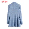 Tangada Femmes Double Boutonnage Tweed Bleu Blazers Manteau Bureau Lady Poches À Manches Longues Femelle Survêtement BE508 211122