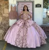 Schulterfreies, rosafarbenes Quinceanera-Kleid 2022, glitzernde Pailletten, Applikation, Schnürung, Korsett-Rücken, geschwollen, Preise für Geburtstag, Sweet 15, Vestidos de Quinceañera-Kleid