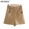 KPYTOMOA Women Chic Modna moda z przyciskami Pockets Bermuda Shorts Vintage High Tase Side Zapip Kobieta Ropa Mujer 210309