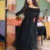 Uzun Kollu Akşam Parti Elbise Zarif Tam Slash Boyun Kapalı Omuz A-Line Orta Buzağı Siyah Kadınlar 210603