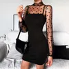 InstaHot Mesh Polka Dot Sexy DrLong Sleeve See Through Slim Patchwork Elegant Autumn Party Club Black BacklCasual Dress X0529