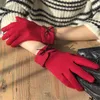 Fingerless Gloves Fashion Elegant Female Wool Touch Screen Winter Women Warm Cashmere Full Finger Leather Bow Dotted Embroidery