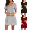 Causal Maternity Clothes Fashion O-neck Solid Buttons Short Sleeve Pregnant Woman Dress Maternity Dress Zwangerschaps Kleding Q0713