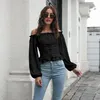 women's T-shirt front bandage back rubber band Lantern Sleeve straight neck waist short top Long Sleeve Chiffon shirt