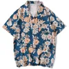 Herren Hawaiian Shirt Vintage Blaue Blumen Druck Harajuku Bluse Marke Lose Kurzarm Männer Strand Tragen Kleidung 210527