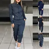 Vestido de dos piezas Mujeres Deportes Conjuntos de chándal Casual Manga larga Chaqueta sólida y pantalones de cintura elástica 2021 Moda de otoño 2 Sportwears