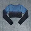 Ombre Women Yoga Set Workout Long Sleeve Crop Top Sports Bra Seamless Leggings Gym Clothing Fitness wear Suits 210802