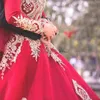 Старинные темно-красные и золотые мусульманские свадебные платья высокой шеи марокканского кафтана исламские длинные рукава аппликации кружева бальное платье садовые формальные платья свадебные платья Pro232