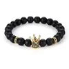 Strand Frisado Strands Trendy Matte Black Stone Beads Bracelet Pave CZ 4 Color Crown and Sheet For Womenmen Noble Jewelry Handmade Pulseras