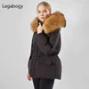 Lagabogy Winter Jacket Women Large Natural Fur Hooded Thick Warm Loose Parkas 90% White Duck Dowm Coats Waist Snow Outwears 211126