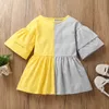 Mädchen Sommer Langarm Europäisches und Amerikanisches Kleid Patchwork Flare Sleeve Kleider für Kinder Kinder Ins Prinzessin Kleid Q0716