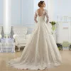 Custom Long Sleeves Lace Wedding Dresses 2021 with Sash Appliques Court Train Jewel Neck A Line Wedding Bridal Gowns