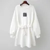 Autumn Winter Clothe Korean Fashion O-Neck Hoodies Dress With Belt Fleece Long Women's Sweatshirt Collect Waist 211222