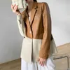 Aelegantmis kvinnor brun faux läder blazer coat vintage färg patchwork kvinnlig pu blzer jacka streetwear mode toppar 210607