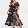 プラスサイズのドレス女性Vネックフローラルプリント半袖BOHO MAXI DREMENフォーク夏のビーチロングDrvestido de Mujer 2021 x0621