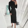 Dorywczo sukienki Jesień Winter Biuro Lady Elegancki Lace-Up Waist Z Długim Rękawem Party Dress Fashion Turtleneck Solid Women All-Match Mujer