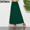 2021 mulher verão plissado verde saias longas mulheres maxi saia jupe tornozelo comprimento uma linha cintura cinto faixas elegantes jupe saias 210309