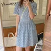 Yitimuceng Floral Dresses for Women Zipper High Waist Short Sleeve Light Blue Navy Blue Summer Fashion Office Lady Dress 210601