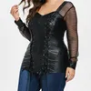 Kobiety Vintage Koszula Plus Size 4XL 5XL Steampunk Gothic Lace-Up Corset Bluzka Hollow Out Długi Rękaw Faux Skórzane Bluzki Topy