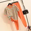 Lace Up Pleated Striped Short Sleeve Knitted 2 Piece Women Contrast Color Patchwork Knitwear Tops + Harem Pants Casual Tracksuit 210709