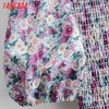Tangada Femmes plissées fleurs imprimées robe longue o cou manches courtes 2021 robe dames d'été vestidos SY211 210316