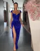 2021 Royal Blue Abendkleider Jewel Hals Perlen Pailletten Spitze Langarm Mermaid Prom Dress Sweep Zug Benutzerdefinierte Illusion Robe de Soirée
