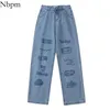 NBPM Moda Baskı Geniş Bacak Kot Kadın Yüksek Bel Baggy Kot Kızlar Streetwear Gevşek Alt Denim Pantolon Pantolon Femme 210529