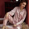 Satin Kvinnor Sleepwear Lace Pajamas Set Lounge Wear Patchwork 2pcs Shirtpants Casual Nightwear Pyjamas Mjuk intim Underkläder Q0706