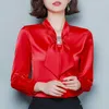 Spadek łuk jedwabne ubrania biurowe pani koreańska odzież moda solidna luźna długi rękaw kobiety topy i bluzki blusas mujer 8493 210528