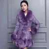 Kvinnors klänning Koreansk Slim PU Fur Jacket Coat Imitation Faux Fur Collar Nio Point Sleeve Medium Long Fur Coat 211213