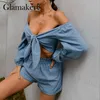 Glamaker Blue 2 pieza traje mujer top con anudado en el pecho y pantalones cortos sueltos Casual algodón cómodo dama sets 220315